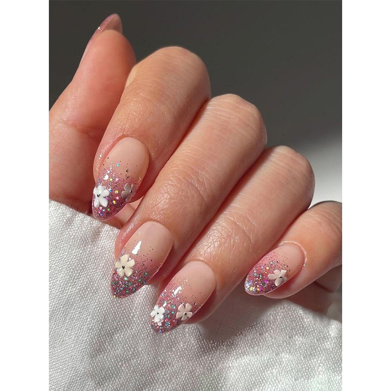 Secret Lives 24-Pcs Glossy With Miler Effects Flowers Design Nail Art – Nude