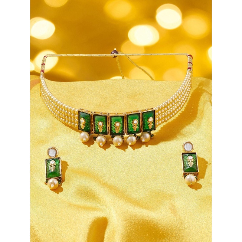 Zaveri Pearls Gold-Plated Stone-Studded & Beaded Multistrand Choker Jewellery Set