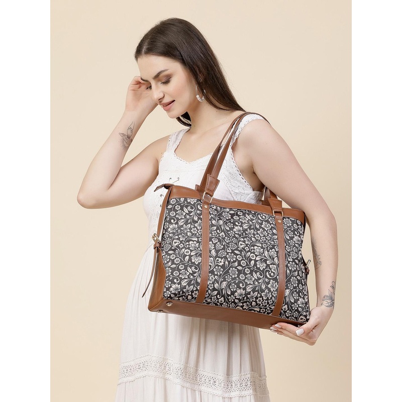 Anouk Tan Brown Floral Printed Oversized Office Shoulder Bag Up to 12 inch
