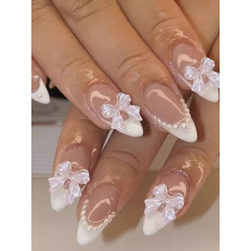 The Pink Truck Set of 24 Almond Tip Reusable Artificial Nails & Glue – Bowknot & Pearls