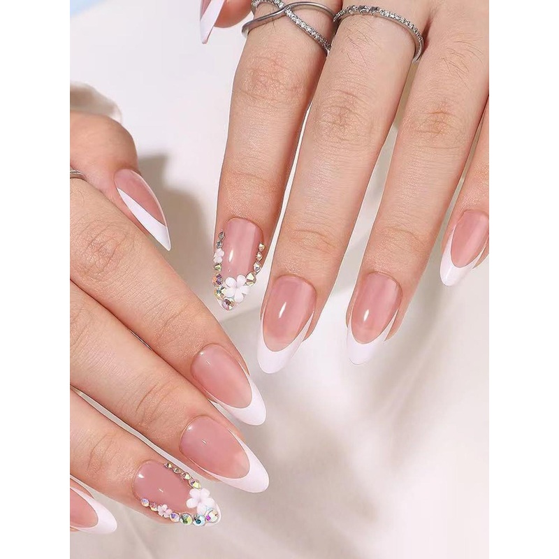 The Pink Truck Set Of 24 Stick On Reusable Rhinestones & Flower Artificial Nails- Cream