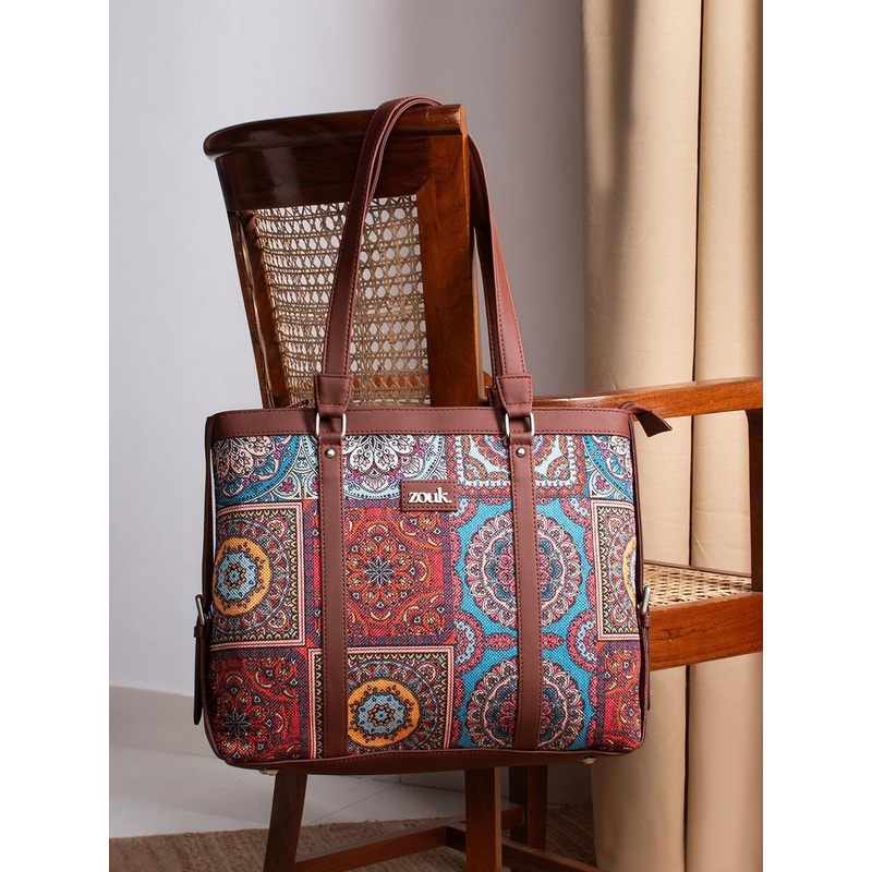 ZOUK Brown Ethnic Motifs Printed Laptop Structured Shoulder Tote Bag