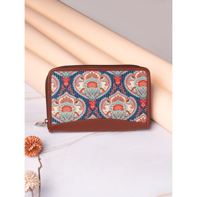 ZOUK Women Blue & Brown Ethnic Motifs Printed Zip Around Wallet