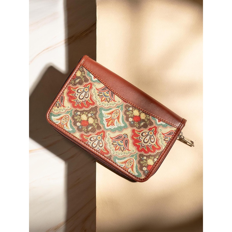 ZOUK Women Brown & Teal Printed Zip Around Wallet