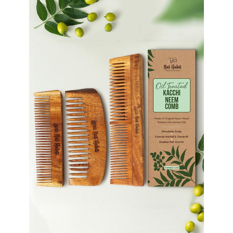 Nat Habit 3Pcs Kacchi Neem Dual + Bounce + Pocket Wooden Teeth Comb for Long Hairs