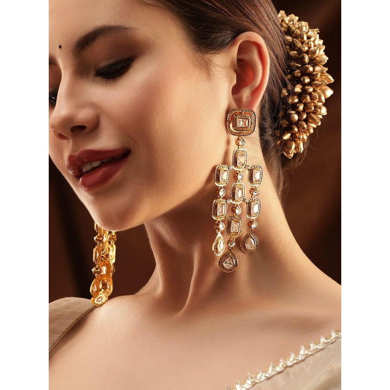 Rubans 22K Gold Plated Zirconia Studded Antique Light Gold-Tone Premium Chandelier Earring