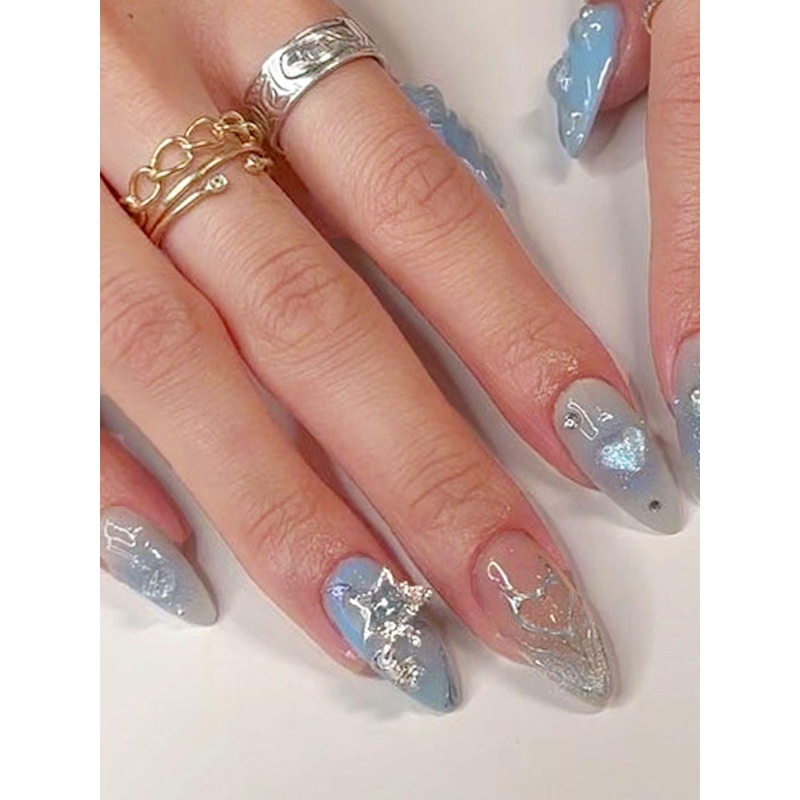 Secret Lives Set Of 24 Glossy 3D Heart Stud & Accessories Design Artificial Nails – Blue