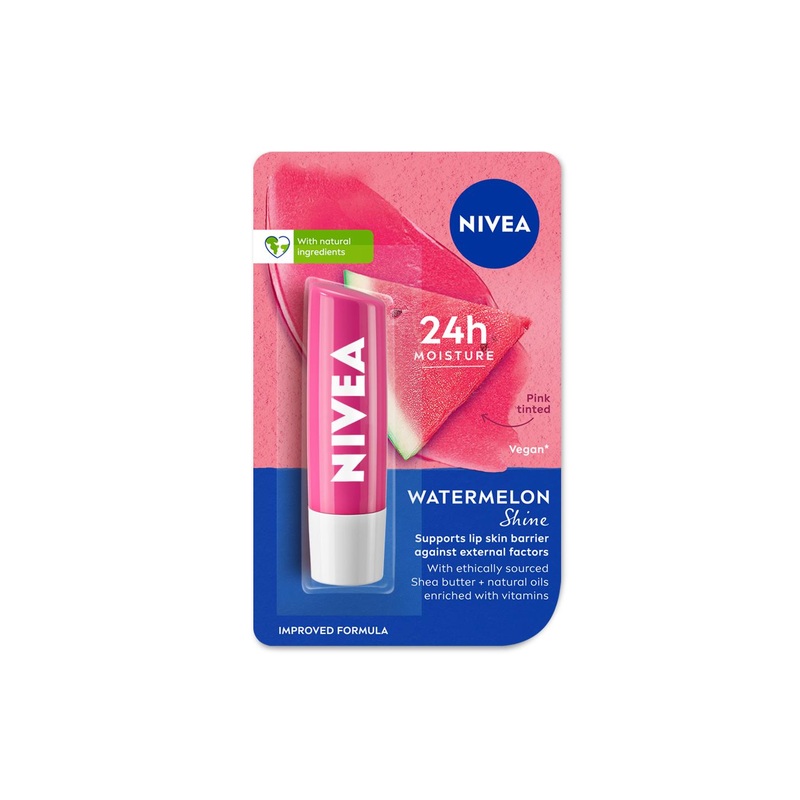 Nivea Caring Lip Balm – Watermelon Shine 24h Moisture with Natural Oils, Pink Shine 4.8 g