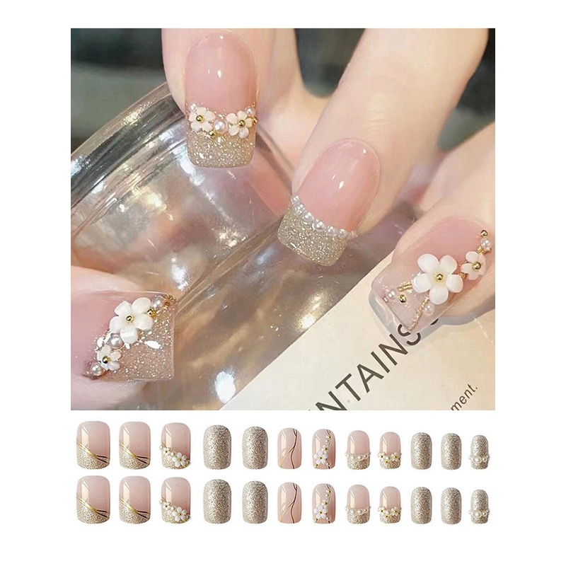 Secret Lives 24 Pieces 3D Flower & Pearl Design Nail Extensions