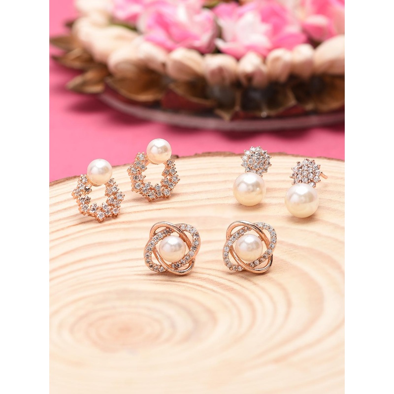 Zaveri Pearls Pack of 3 Gold-Toned Contemporary Studs