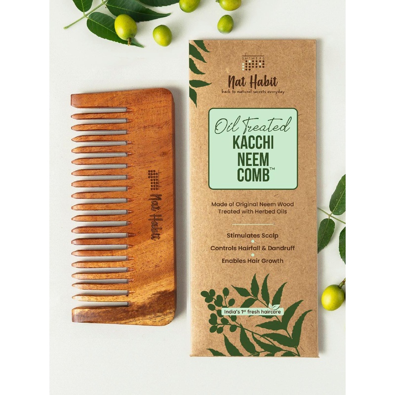 Nat Habit Kacchi Neem Wide Wooden Tooth Comb – Soaked in 17 Herbs & Oils for Hair Growth