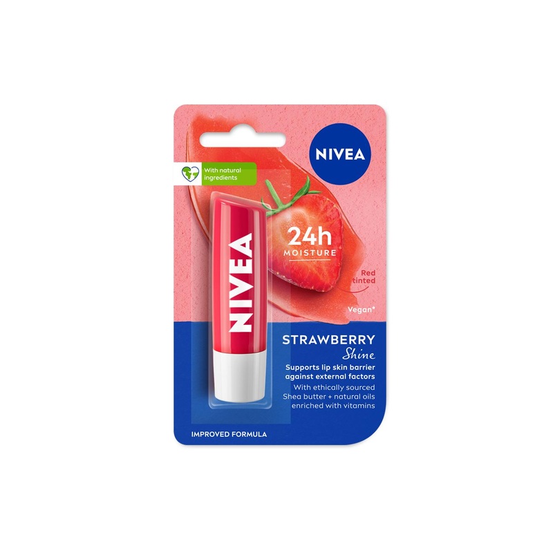 Nivea Women Strawberry Shine 24h Moisture Lip Balm with Natural Oils, Reddish Shine 4.8 g