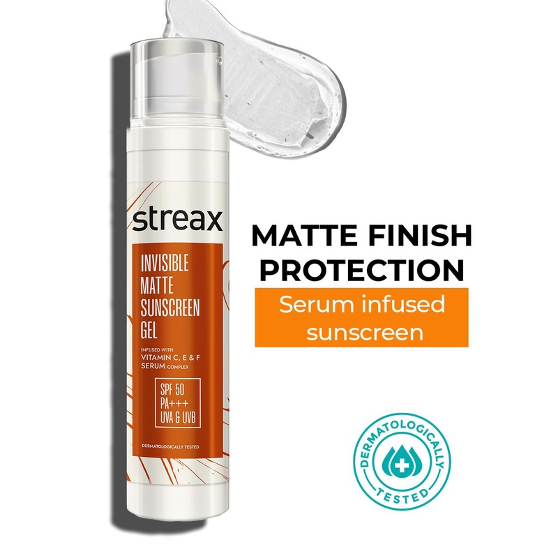 Streax Water Resistant SPF50 PA+++ Invisible Matte Sunscreen Gel with Vitamin C & E – 50 g