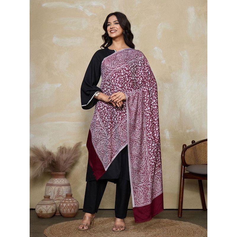 WEAVERS VILLA Women Paisley Woven Design Stole With Fringed Border