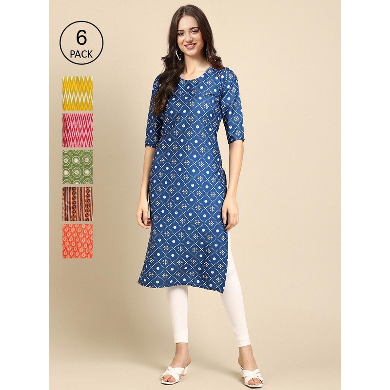 7Threads Women Pack of 6 Floral Printed Crepe Kurta