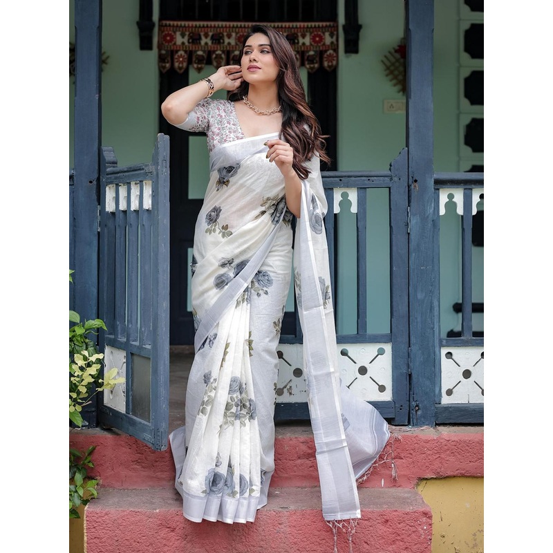 all about you Floral Printed Zari Pure Linen Saree with Blouse Piece