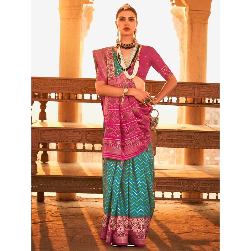 Anouk Blue & Gold-Toned Woven Design Zari Patola Saree