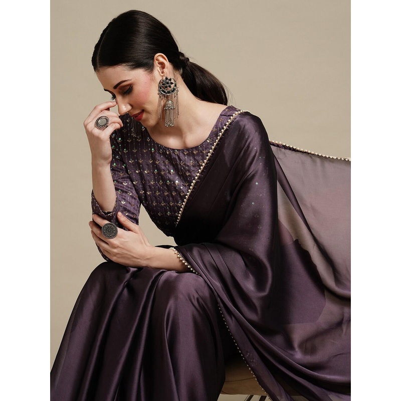 Anouk Burgundy & White Embellished Pure Georgette Saree