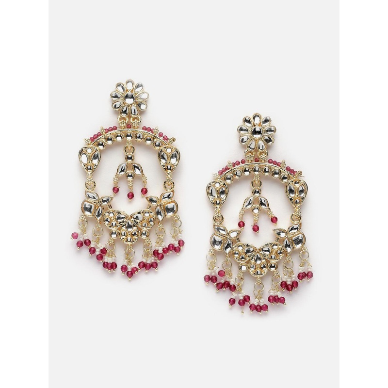 Anouk Gold-Plated Kundan-Studded & Pearls Beaded Chandelier Drop Earrings