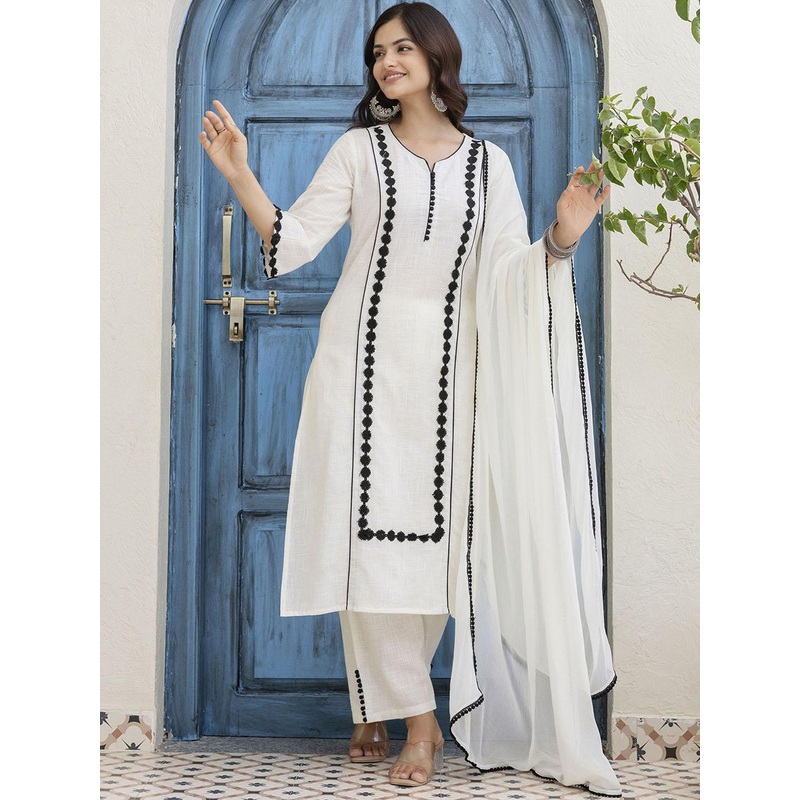 Anouk Rustic Women Floral Embroidered Cotton Kurta with Palazzo & Dupatta