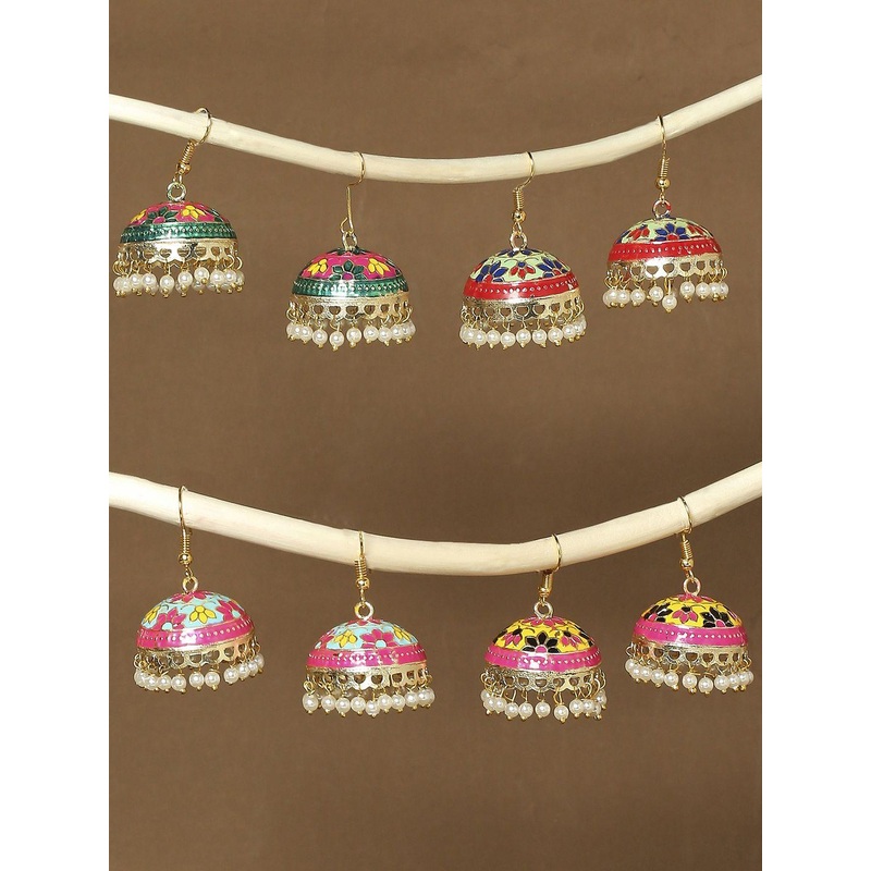 Anouk Set of 4 Gold-Plated Artificial Stones and Beads Meenakari Dome Shaped Jhumkas