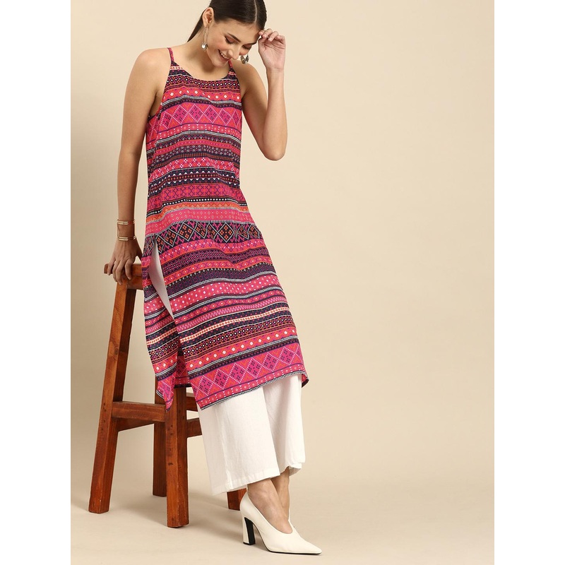 Anouk Women Pink & Navy Blue Striped Kurta