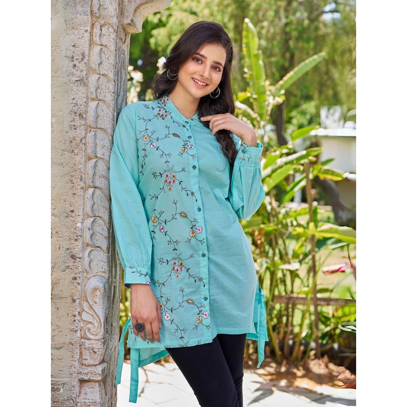 HERE&NOW Floral Embroidered Band Collar Pure Cotton A-Line Kurti
