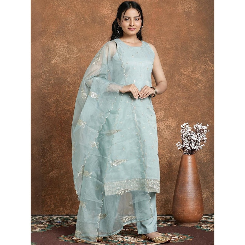 HERE&NOW Women Ethnic Motifs Embroidered Regular Chanderi Cotton Kurta Sets