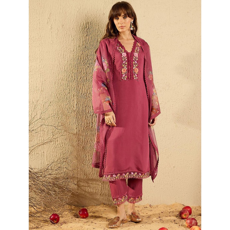 Indo Era Women Floral Yoke Design Regular Thread Work Kurta with Trousers & With Dupatta