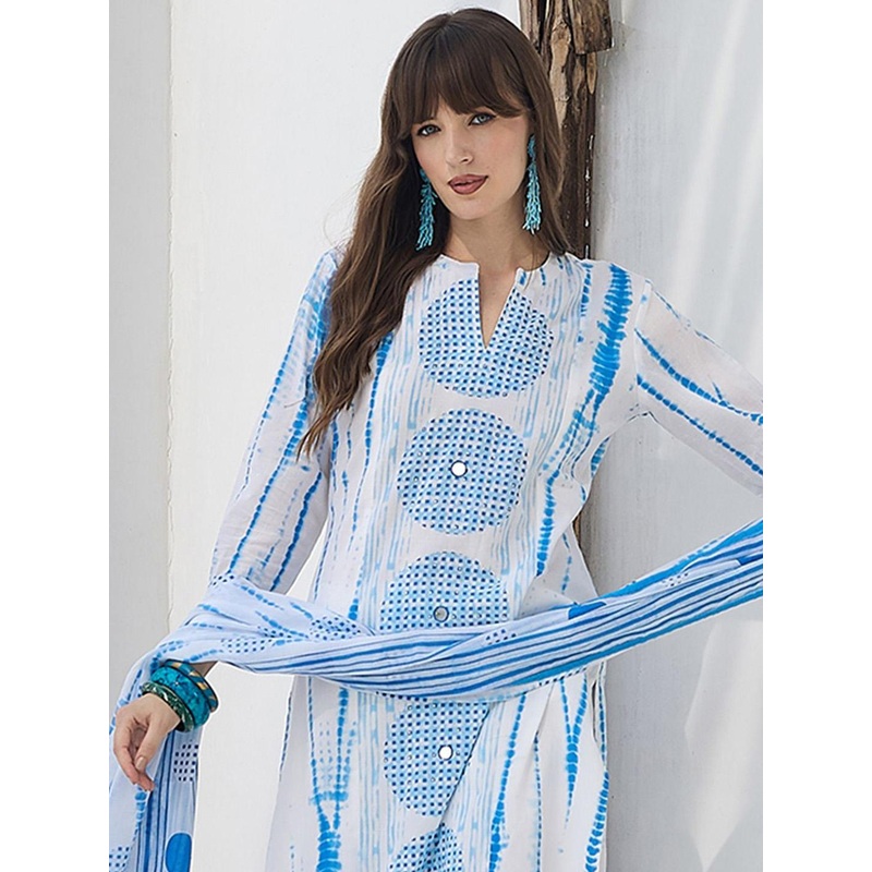 Indo Era Women Geometric Dyed Cotton Kurta with Trouser & Dupatta