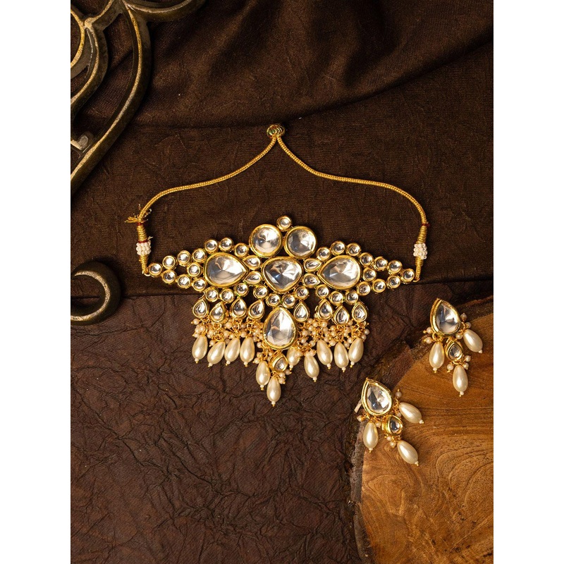 PANASH Gold-Pleated Kundan Stone Studded & Pearls Beaded Jewellery Set