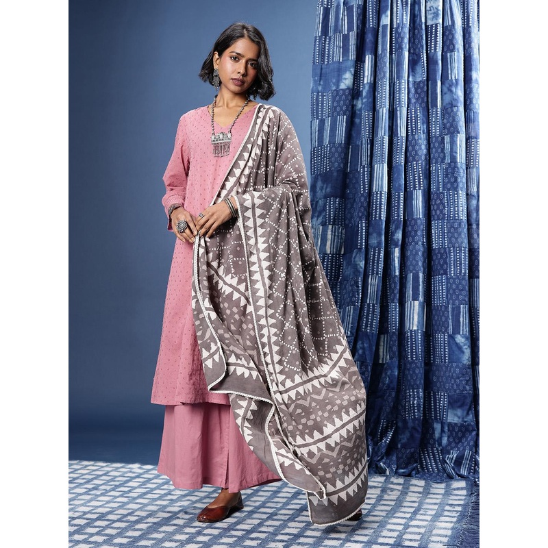 Taavi Woven legacy Pure Cotton Dobby Panelled A-Line Kurta With Palazzos & Dupatta
