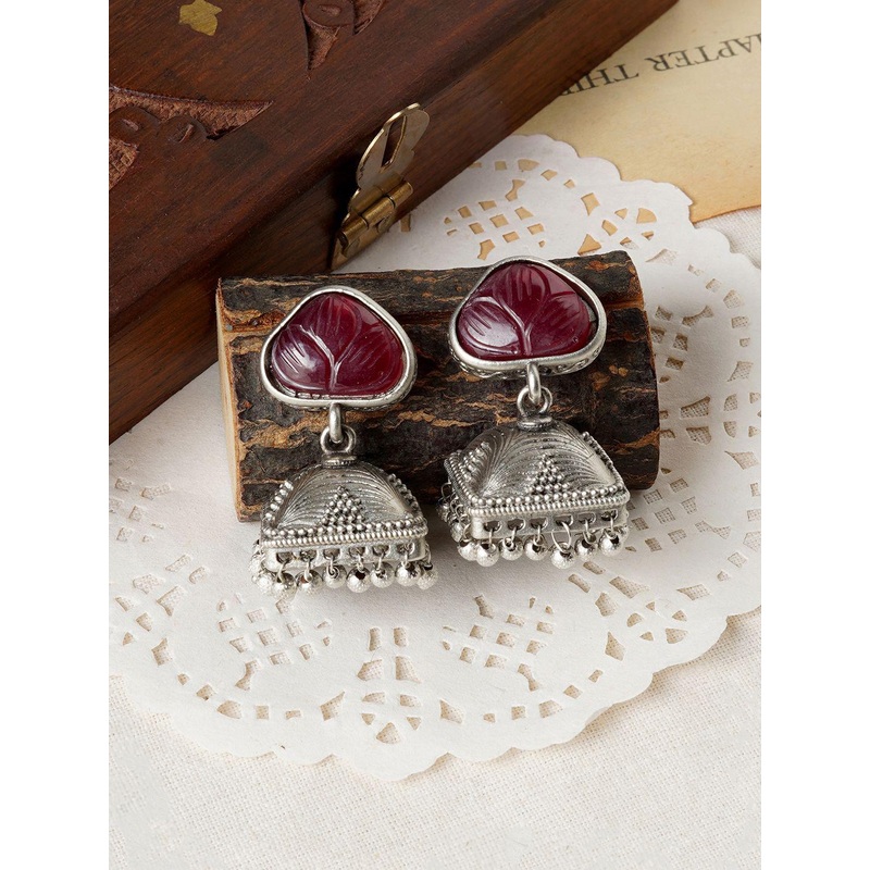 TEEJH Oxidised Dome Shaped Ruby Studded Jhumkas