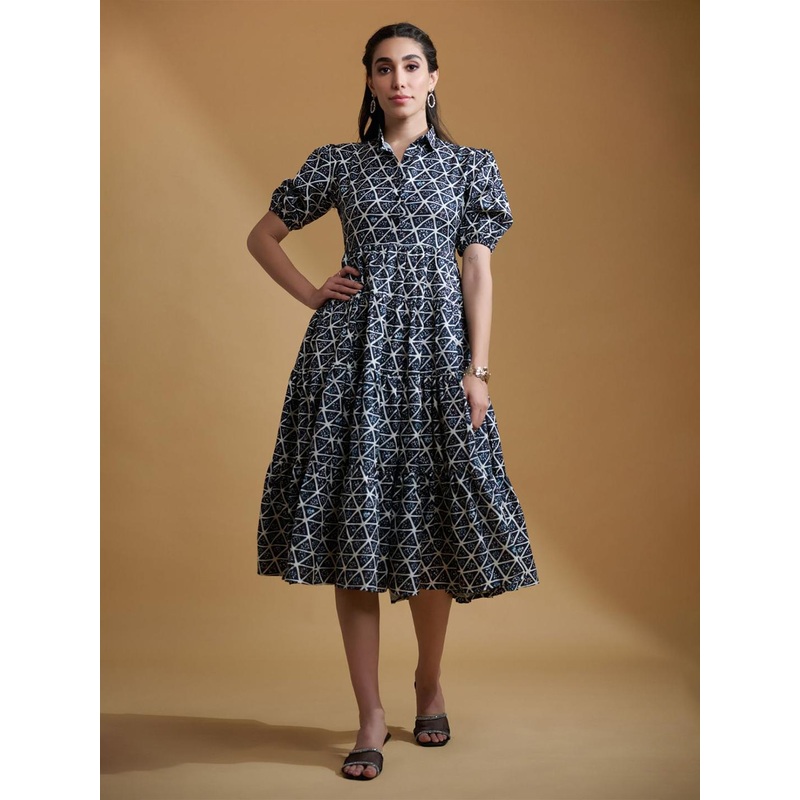 The Roadster Women Geometric  Gathered or Pleated Fit and Flare Midi Dresses