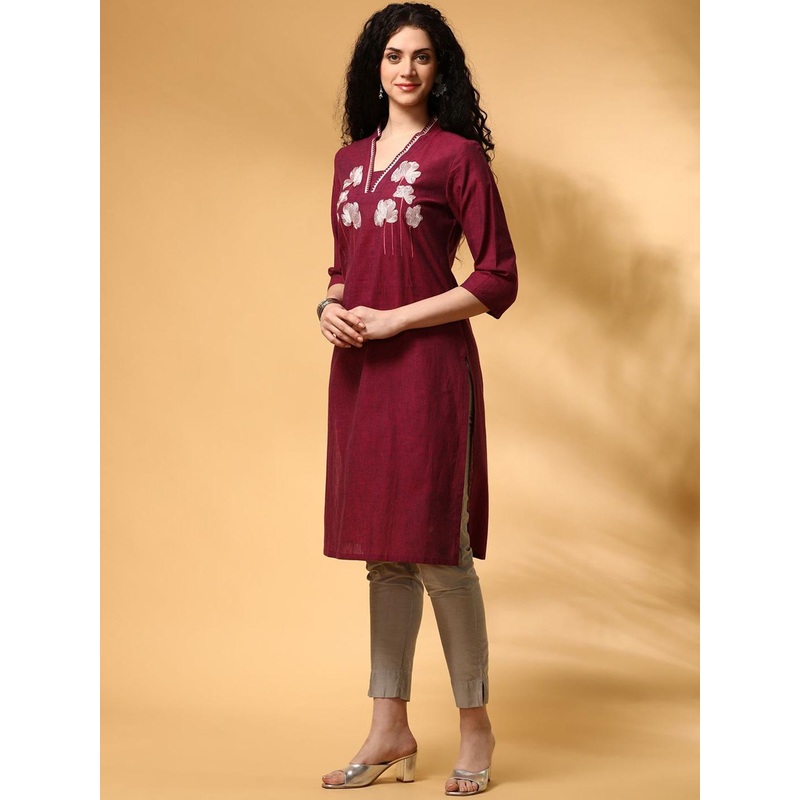 Anouk Burgundy & White Floral Embroidered V-Neck pure Cotton Straight Kurta