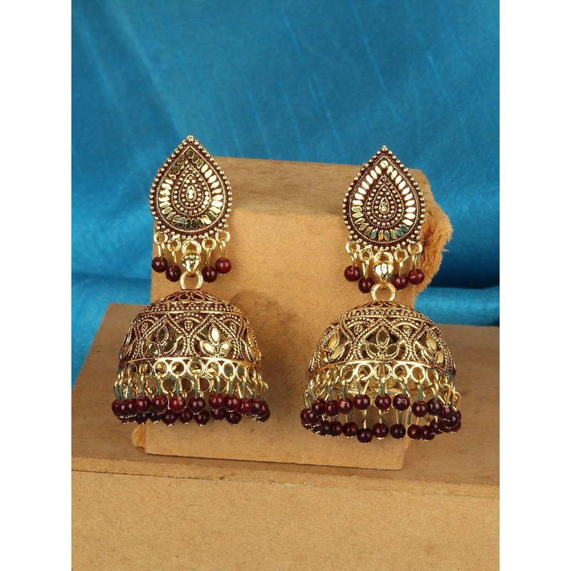 Anouk Gold Plated Beaded Enamelled Traditional Dome Shaped Jhumkas