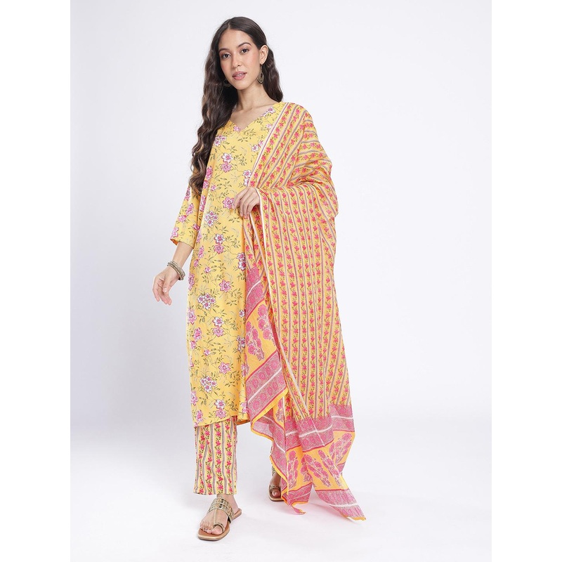 Anouk Rustic Floral Printed V-Neck Straight Kurta with Trousers & Dupatta