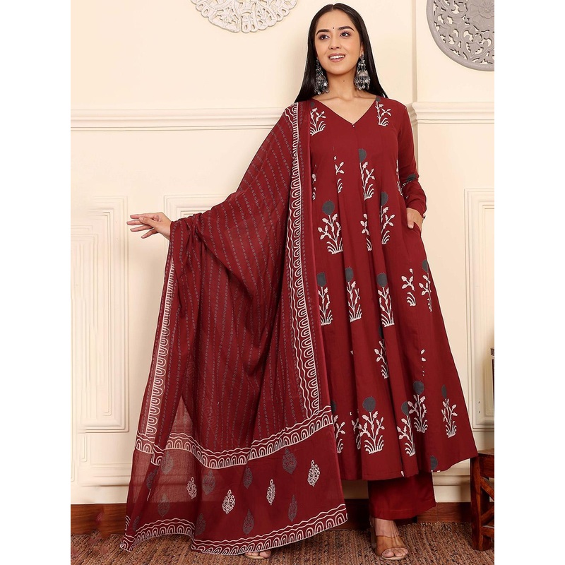 GoSriKi Floral Printed V Neck Anarkali Kurta With Palazzo & Dupatta