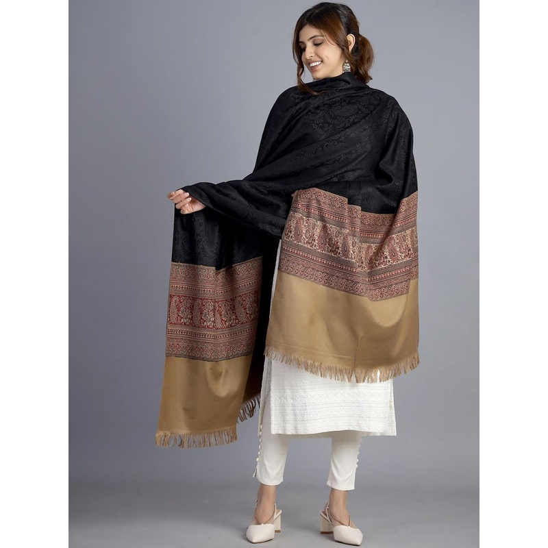 HANDICRAFT PALACE Women Black Hand Woven Design Jamwar Paisley Wool Shawl