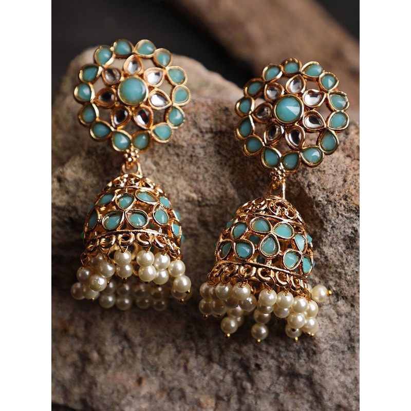 Jazz and Sizzle Sea Green & Cream Gold-Plated Dome Shaped Jhumkas Earrings