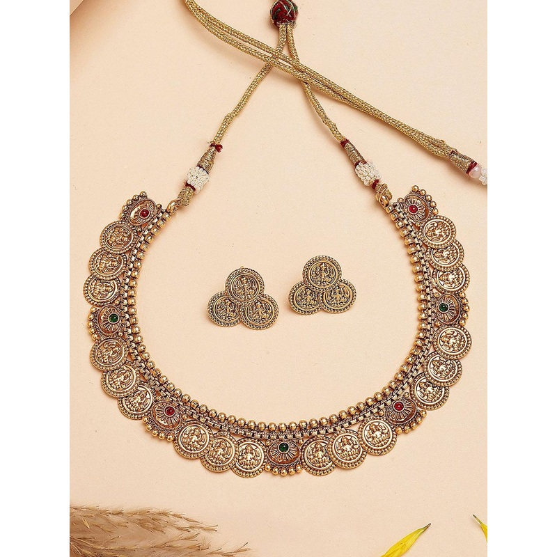 KARATCART Gold-Plated Kundan-Studded Laxmi Mata Engraved Coin Design Necklace and Earrings