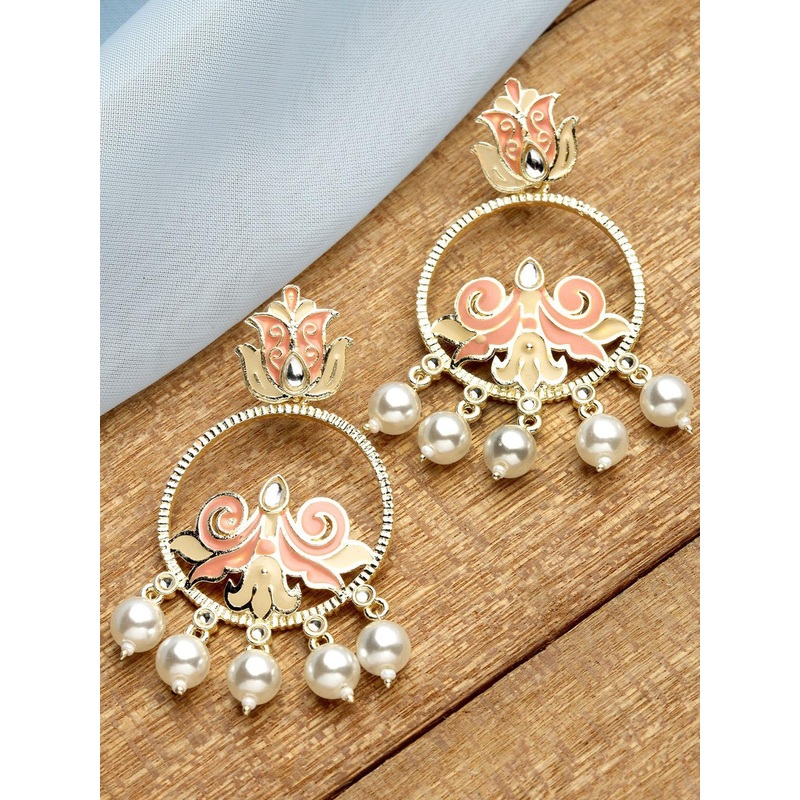 KARATCART women Gold Plated Peach-Coloured Circular Drop Earrings