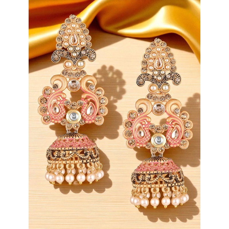 OOMPH Kundan Studded & Artificial Beaded Meenakari Dome Shaped Jhaumkas