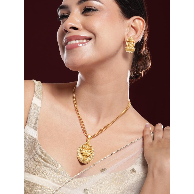 Rubans 22K Gold-Plated Divine Ganesh Motif Necklace Set with Textured Traditional Chain