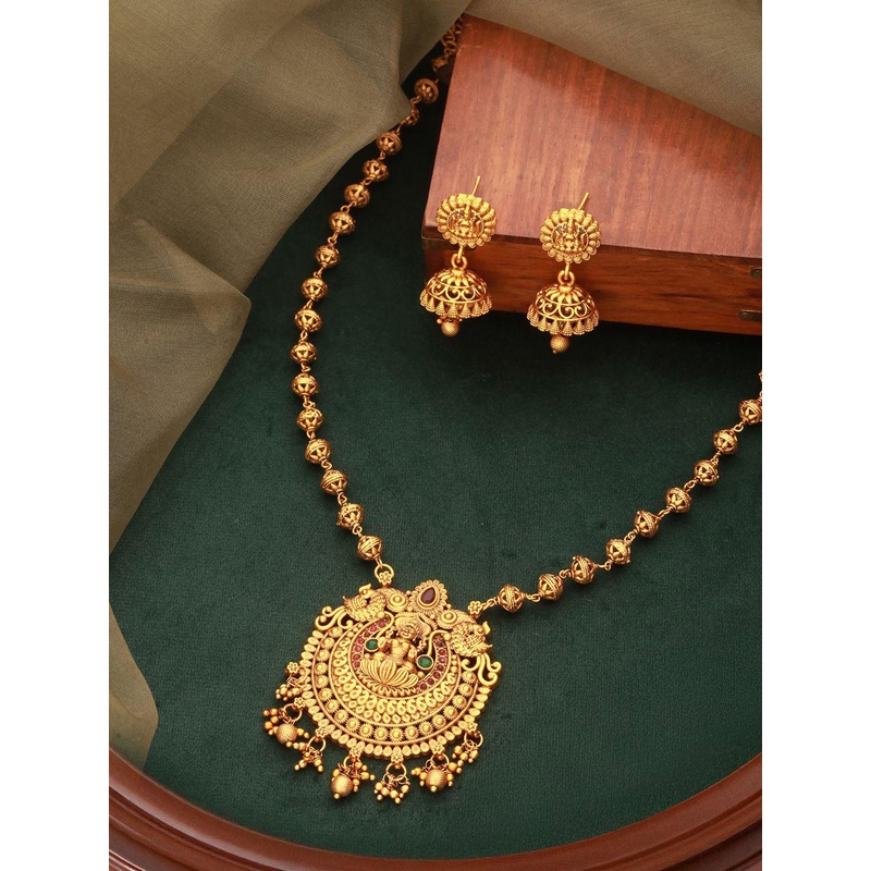 Saraf RS Jewellery Gold Plated AD Studded lakshmiji Temple Necklace & Earrings