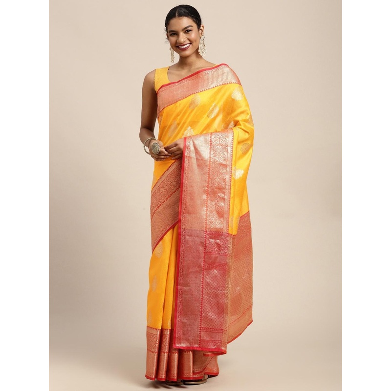 Silk Land Yellow & Golden Ethnic Motifs Zari Banarasi Saree