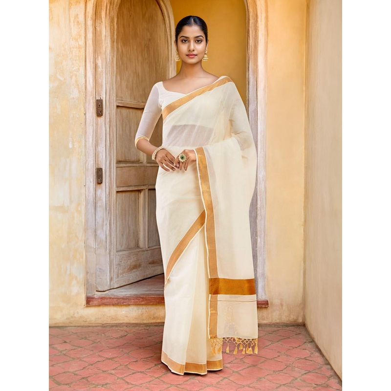 Soch Off-White & Gold Zari Pure Cotton Kasavu Saree