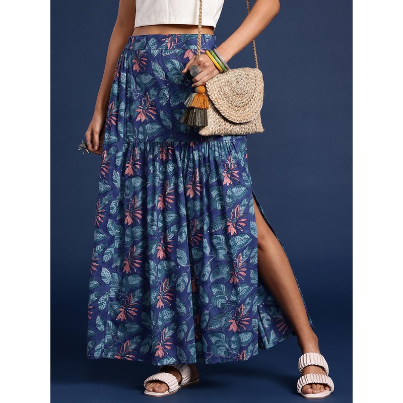 Taavi Floral Printed Cotton Maxi Flared Skirt