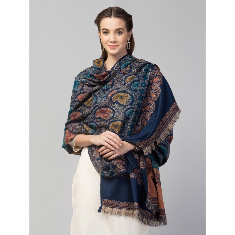 Tweedle Women Blue Printed Woven Woolen Design Shawl