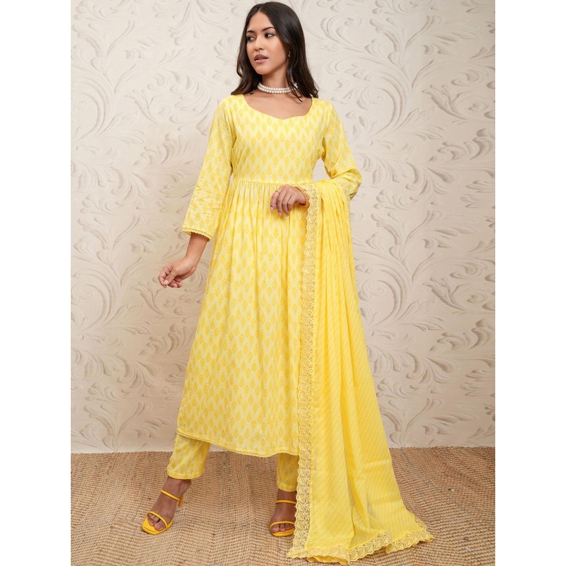 Vishudh yellow Ethnic Motifs Printed Anarkali Gathered Kurta With Trousers & Dupatta